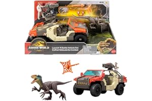 Mattel Jurassic World Rebirth Vehicle with 1 Human & 1 Dinosaur Figure, Launch ‘N Battle Truck, Martin Krebs Figure & Raptor, Turret & 2 Projectiles