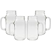 Darware Mason Jar Mugs with Handles (24oz, Clear, 4-Pack); Glass Drinking Glasses for Cold Beverages, Decoration, Storage, Party Favors, Cocktails, Floats