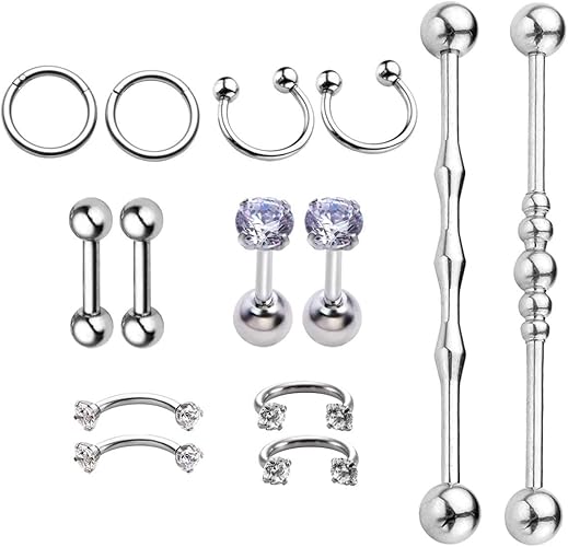 Amazon Piercingj ボディピアス ピアス 14g 16g 14点セット レディース 軟骨 ヘリックス 鼻 眉 唇ピアス ファーストピアス インダストリアルピアス セグメントリング ストレートバーベル バナナバーベル 316lステンレス 金属アレルギー対応 シルバー ボディピアス 通販