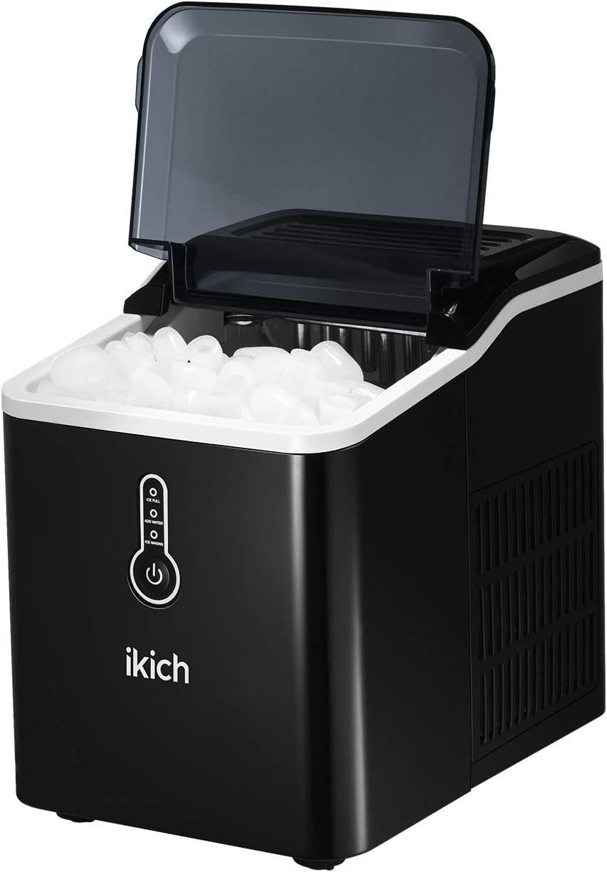 IKICH Portable Ice Maker Machine for Countertop, Makes 26lbs Ice Cubes in 24Hrs, 9 Ice Cubes Ready in 7min, Electric Ice Maker with LED Indicator Lights, Ice Scoop and Basket