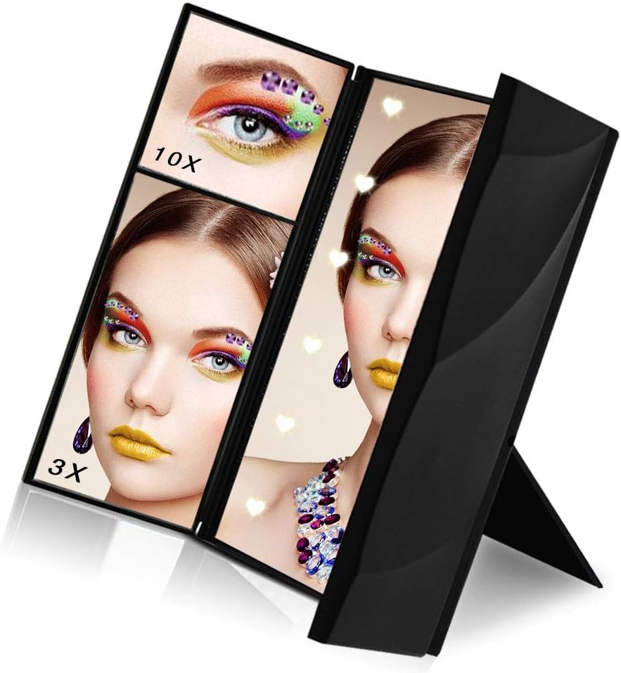 Makeup Mirror, Sanvaree Portable Vanity Mirror with Lights, Led Lighted Travel Mirror, Cosmetic Mirror with 12 Led Lights and 1X/2X/3X/10X Magnifying (Black)