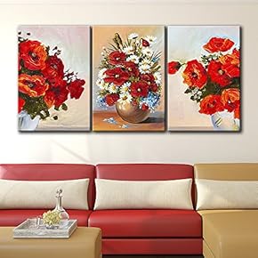 3 Panel Canvas Wall Art - Oil Painting Style Red Flowers in The Vases - Giclee Print Gallery Wrap Modern Home Art Ready to Hang - 16"x24" x 3 Panels