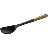 STAUB Serving Spoon, Great for Scooping Sides and Serving Hearty Stews, Durable BPA-Free Matte Black Silicone, Acacia Wood Ha