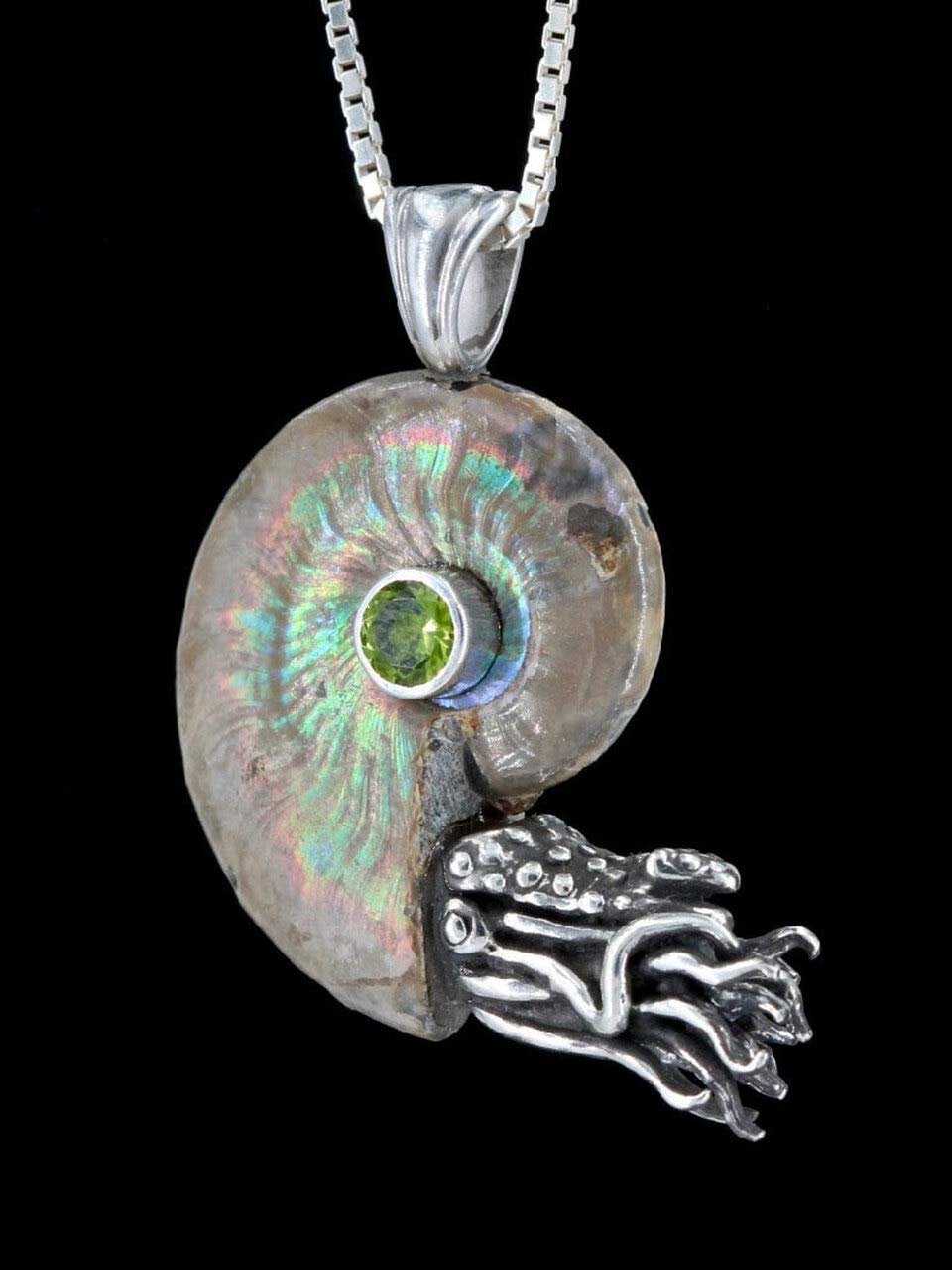 Amazon Com Opalized Fossil Rainbow Ammonite Nautilus Necklace With Gemstone Silver Tentacle Jewelry Octopus Squid Kraken Shell Necklace Handmade