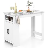 GIANTEX Counter Height Dining Table with 7 Hanging Hooks, Compartment, Cabinet &amp; Adjustable Shelf, Faux Marble Tabletop, Bar Table for Pub Kitchen Small Space (White, 47"x23.5"x35.5")