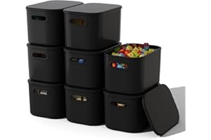ORGIDOL 8 Pack Black Storage Bins with Lids Stackable Storage Container for Organizing, Storage Boxes with Handle for Shelves, Cube Storage Bin for Craft, Snacks