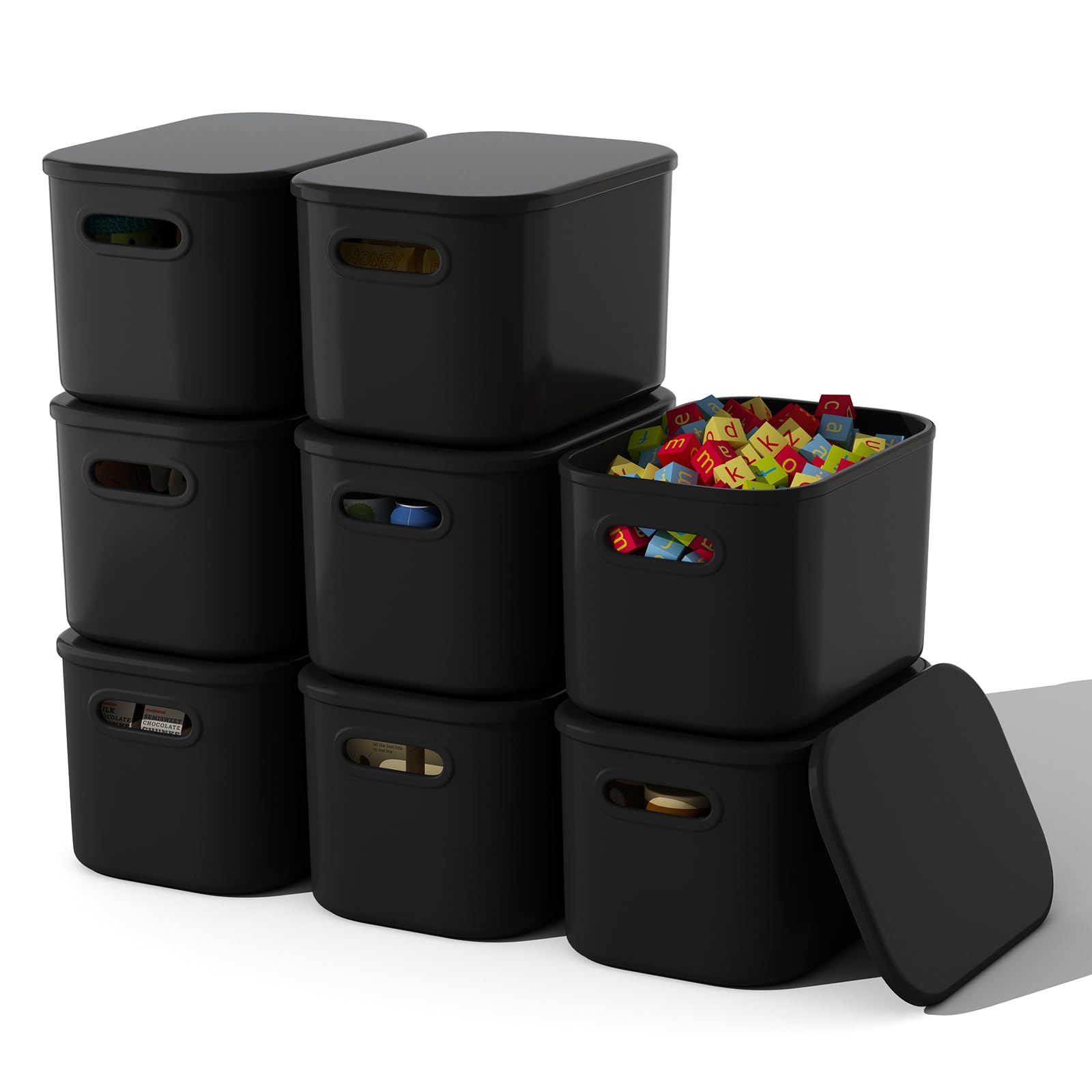 Photo 1 of *Minor Damaged*
ORGIDOL 8 Pack Black Storage Bins with Lids Stackable Storage Container for Organizing, Black Storage Boxes with Handle for Shelves, Cute Organizer Bins for Craft, Snacks, 9.85x6.9x5.7 inch