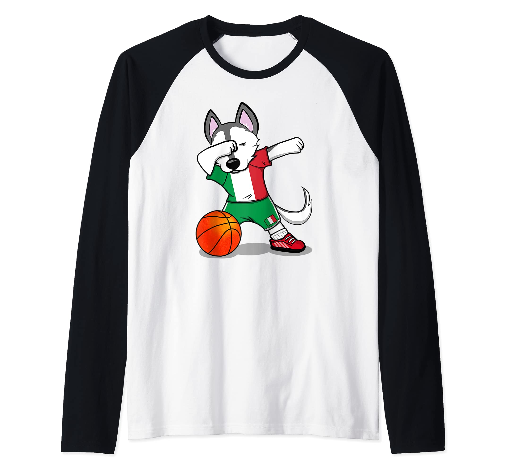 Dabbing Husky Italy Basketball Fans Jersey - Italian Flag Raglan Baseball Tee