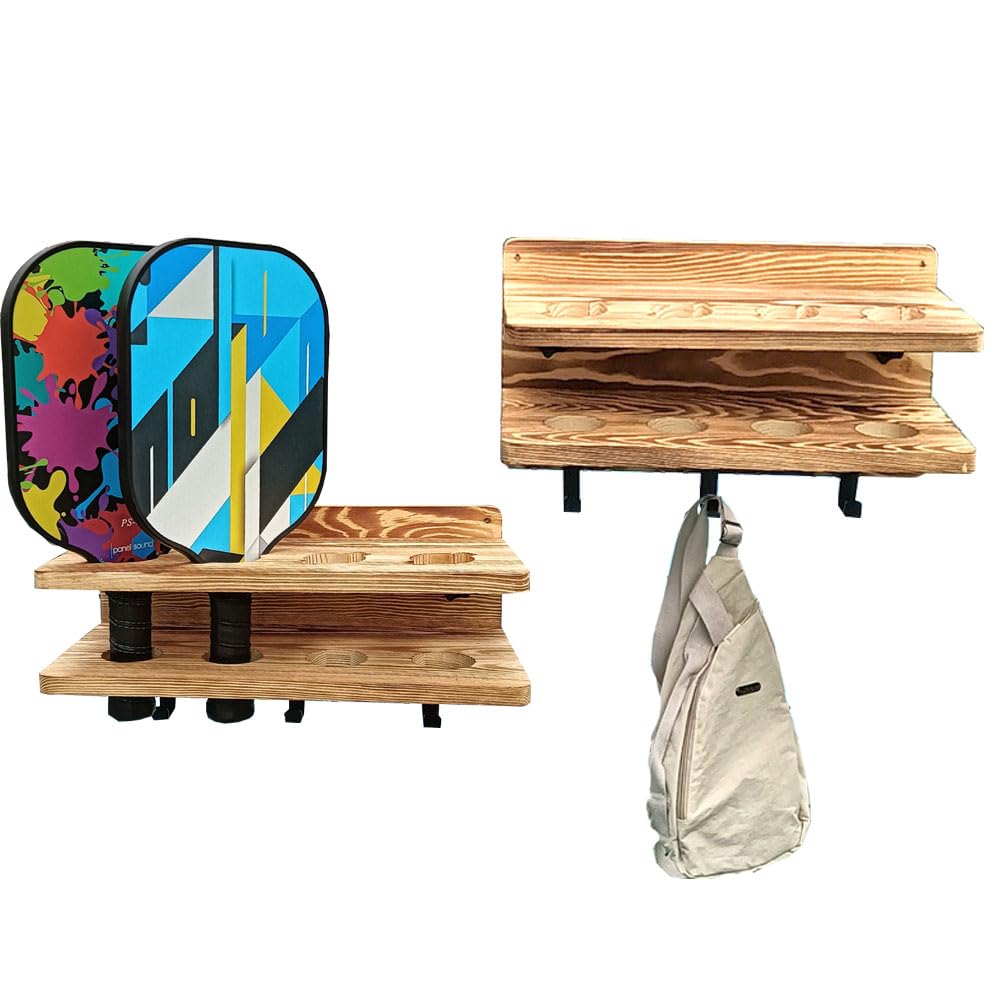 HAORIZISHOP Pickleball Paddle Rack，pickleball Holder,for Fence and Wall Solid Wood Pickleball Paddle Holder,Holds 4 Paddles, with Hooks (2)