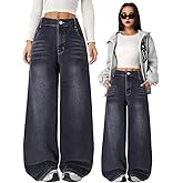 Nivne Tco Tween Girls Baggy Jeans 5-Pocket Casual Black Washed Wide Leg Denim Pants with Zipper Fly