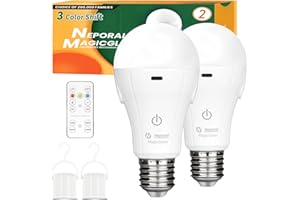 Neporal MagicGlow Rechargeable Light Bulbs with Remote, 3 Colors Shift + Dimmable Battery Powered Light Bulbs, USB Rechargeable, A19 Standard Emergency LED Light Bulbs, 15W, Up to 24 Hours, 2 Pack