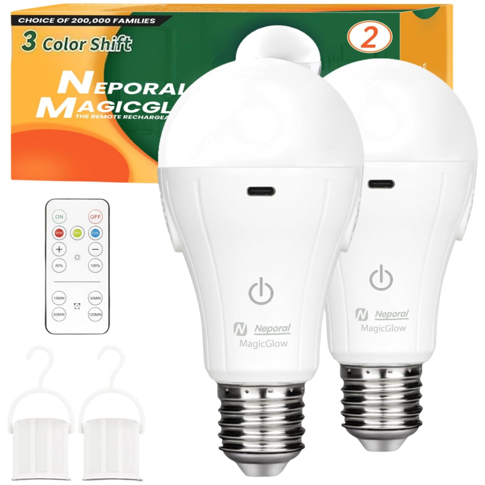 Photo 1 of Neporal MagicGlow Rechargeable Light Bulbs with Remote, 3 Colors Shift + Dimmable Battery Powered Light Bulbs, USB Rechargeable, A19 Standard Emergency LED Light Bulbs, 15W, Up to 24 Hours, 2 Pack