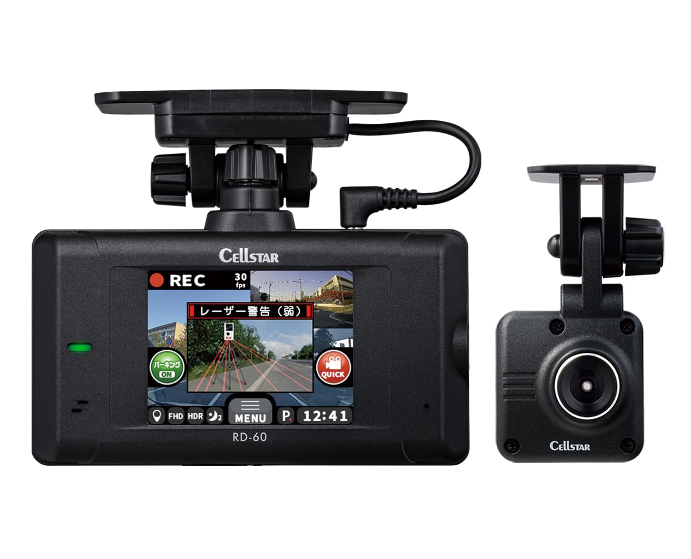 セルスター ドライブレコーダー＆セーフティーレーダー 前後2カメラ RD-60 200万画素/200万画素 FullHD HDR STARVIS 2.4インチ microSD(64GB)付 レーザー＋レーダー受信対応 GPS ゾーン30対応 GPSデータ更新無料 日本製 3年保証 CELLSTAR 液晶商品画像