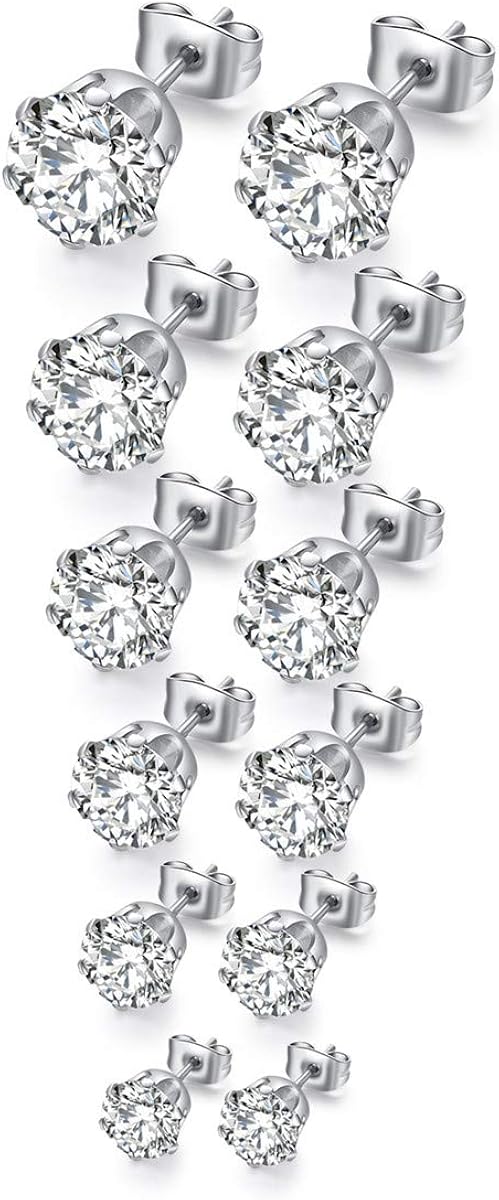 FOSIR 6 works CZ Stud Earrings Set, Men Women Stainless Steel Cubic Zirconia Earrings, 3-8mm - Image 4