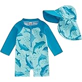 Lucikamy Toddler Baby Boy Girls One Piece Swimsuit Long Sleeve Zipper Bathing Suit with Hat Infant Rash Guard Swimwear
