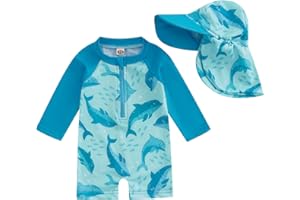 Infant Baby Boys Swimsuit One Piece Long Sleeve Rash Guard Zipper Bathing Suit Swimwear with Sun Cap Beachwear