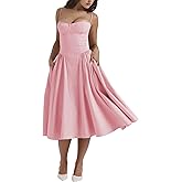 Women's Corset Dress Vintage Spaghetti Strap A-Line Midi Elegant Bustier Cocktail Party Evening Tea Dresses Pocket