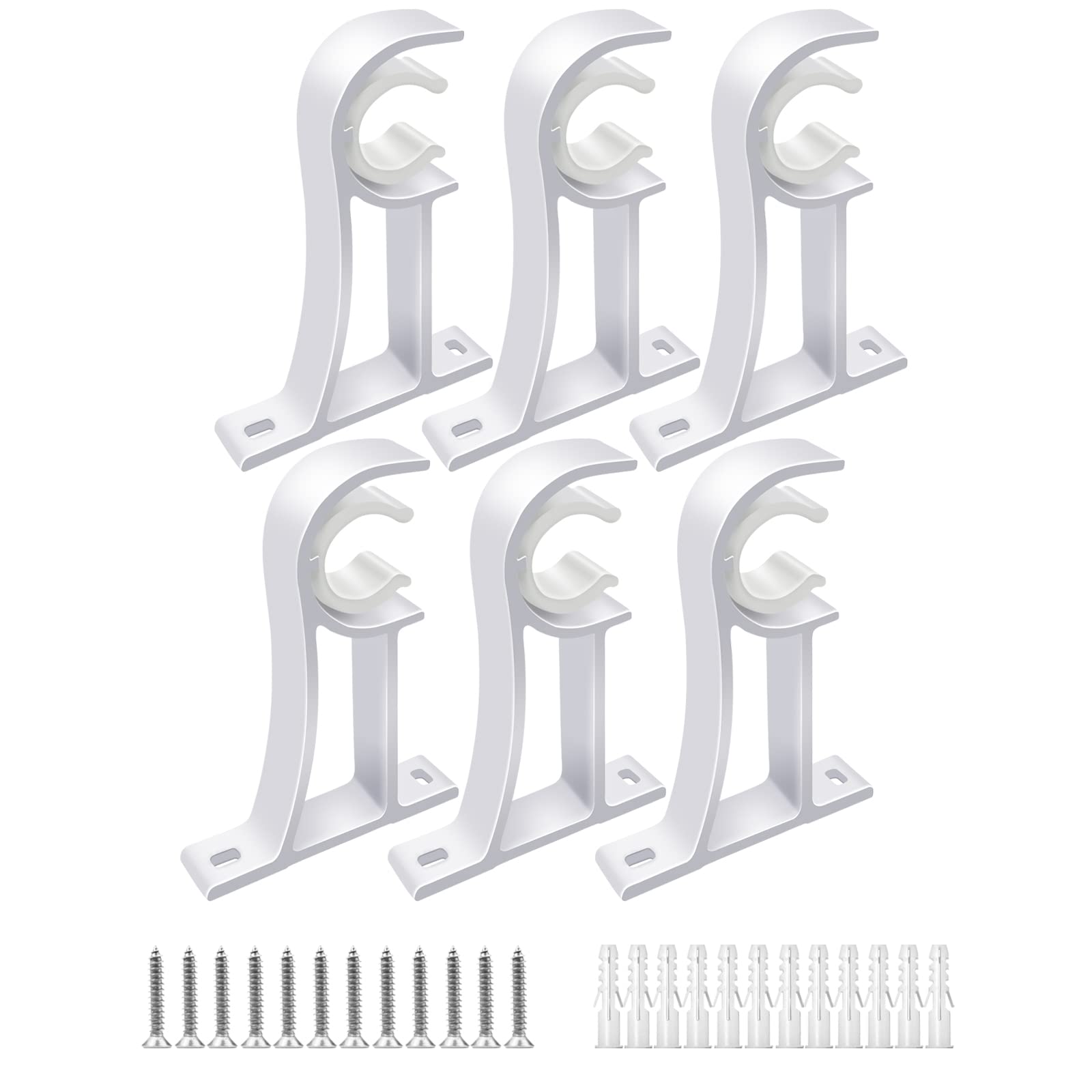 TOKPLNU 6 Pack Curtain Pole Brackets, Heavy Duty White Curtain Rail Brackets, Aluminum Alloy, Curtain Rod Support Holder with Plastic Buckle for 25mm to 30mm Poles