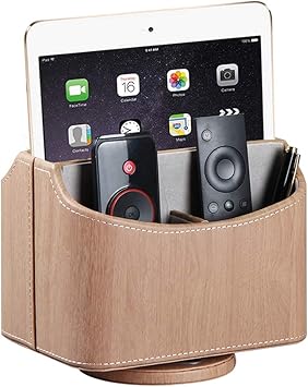 Amazon Com Leather Remote Control Holder 360 Degree Spinning Desk Tv Remote Caddy Box Bedside Table Organizer For Controller Media Mail Calculator Mobile Phone And Pen Storage Wooden Texture Office Products