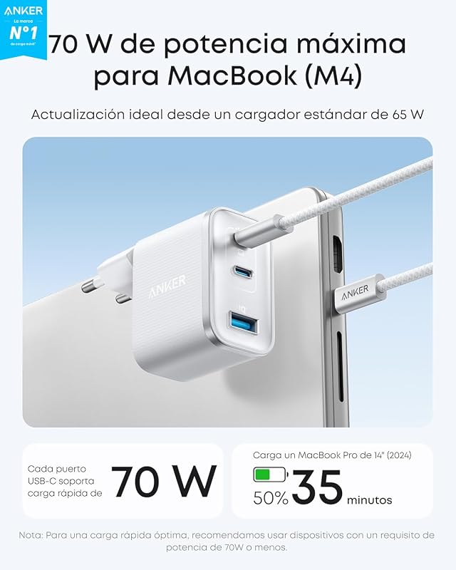 Nano Cargador USB C 70W con 3 Puertos Plegable GAN
