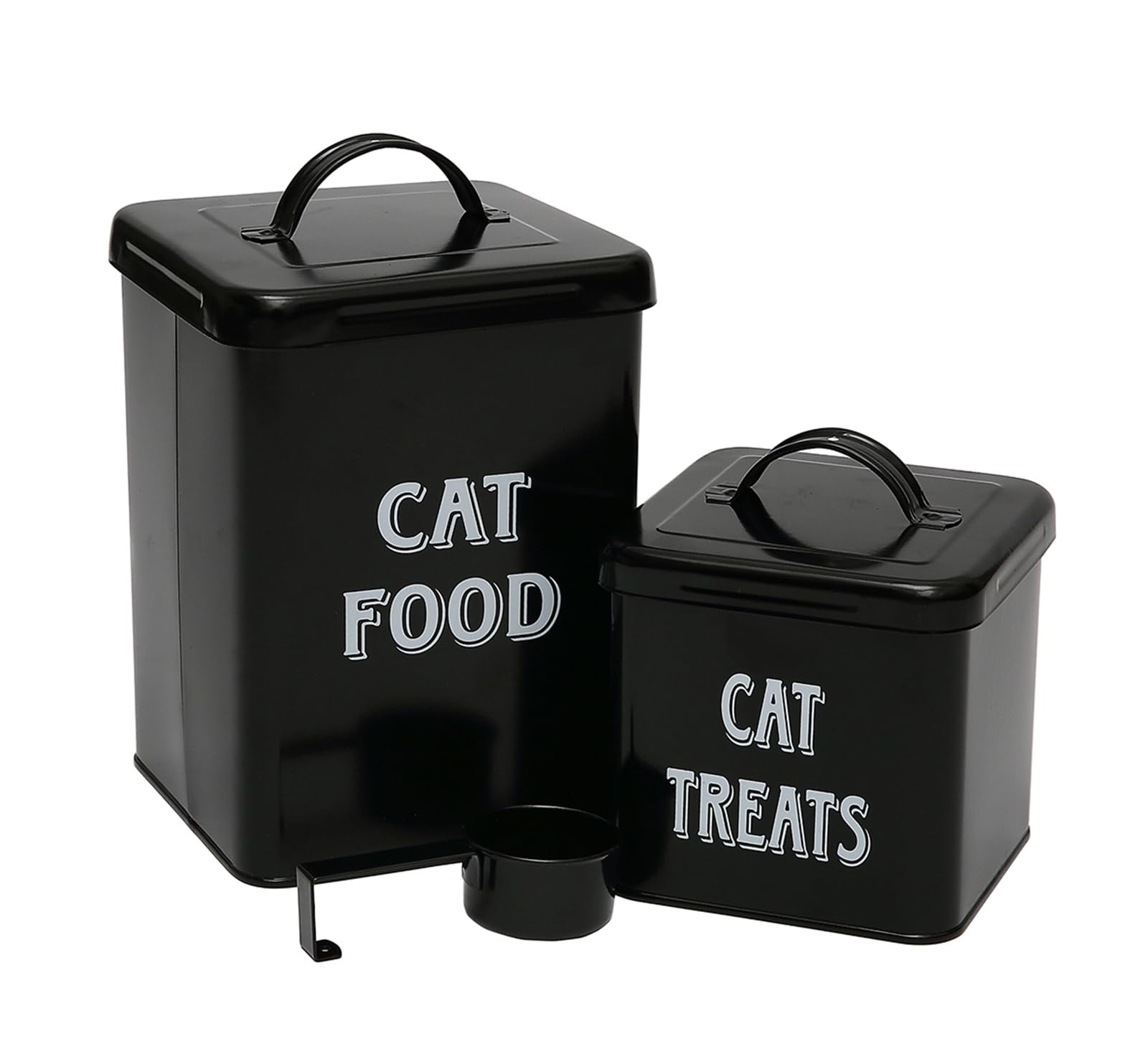 Morezi Pet Food and Treats Containers Set with Scoop for Cats or Dogs - Cream Powder-Coated Carbon Steel - Tight Fitting Lids - Storage Canister Tins - Cat Food - Black — image 1