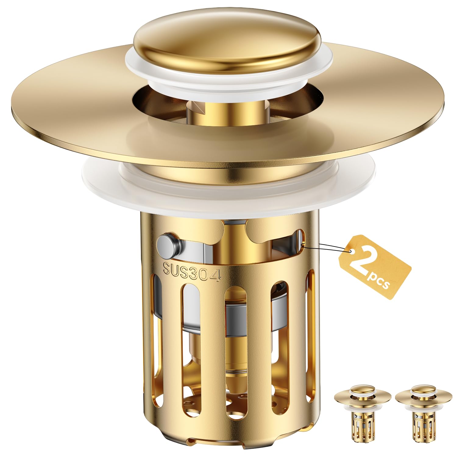 Photo 1 of (2 Pc) Bathroom Sink Stopper-All Metal Sink Stopper-Universal Fit 99% Bathroom Stopper with Removable Stainless Steel Hair Catcher- Basin (1.1'' to 2.36'' inch) - Golden