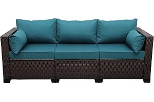 WAROOM Patio Couch PE Wicker 3-Seat Outdoor Brown Rattan Sofa Deep Seating Furniture with Non-Slip Peacock Blue Cushion