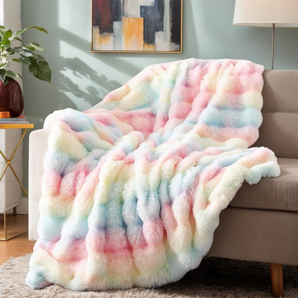 Topchances Fleece Blanket Sofa Throw,1200GSM Double Layer Fabric Fluffy Soft Warm Rabbit Plush Versatile Blanket for Bed Settees Armchairs,Fit All Season(Rainbow Color,130×160cm)