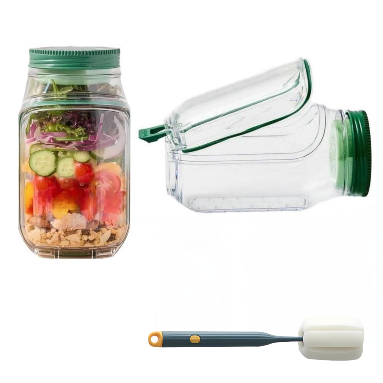 Photo 1 of (plastic) 2026 New Salad Jar with Side Opening Leakproof Mason Jar Salad Container with Side Opening Dishwasher Safe Salad Container for Lunch On the Go Salad Jar for On-the-Go Meals (Green version, 1PC)