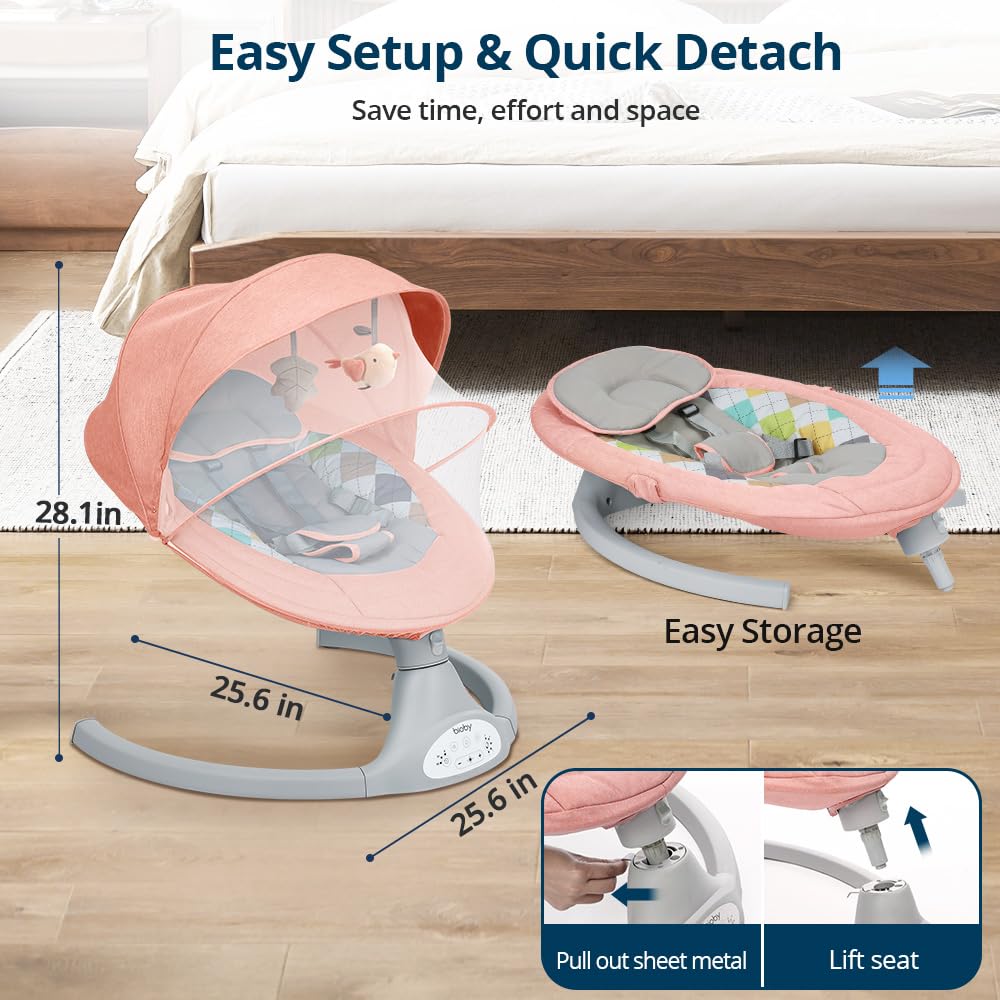 Bioby Baby Swing for Infants with 5 Natural Sway Speeds, Portable Bt Music Baby Bouncer with Remote Control & 5-Point Harness, Lightweight Baby Rocker for 5-20 Lb,0-12 Months Pink