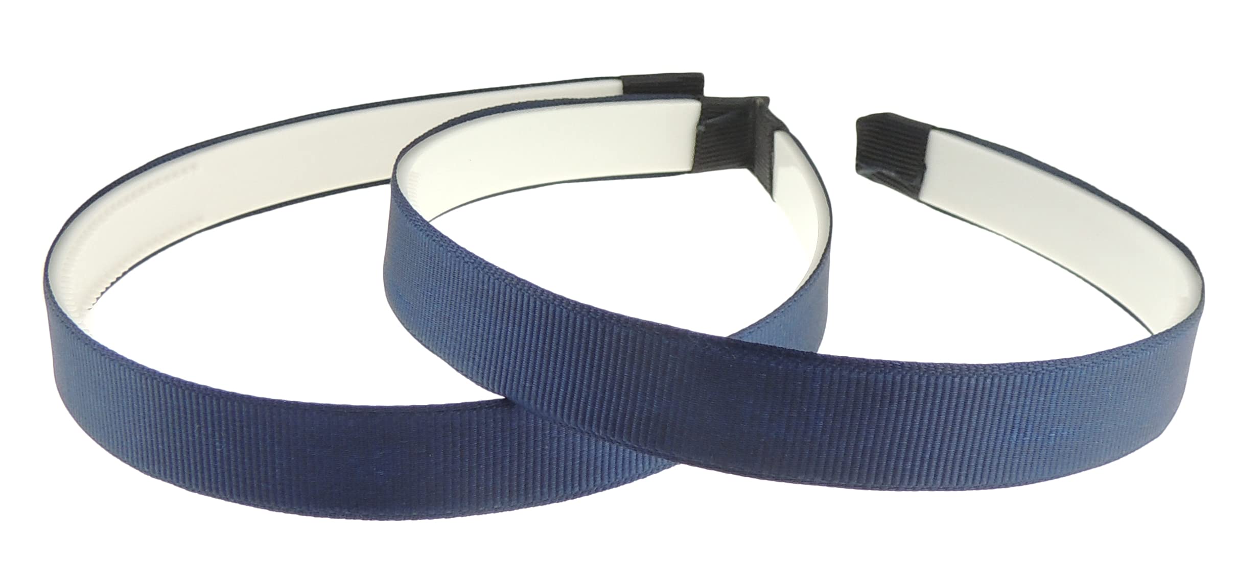 Ladies Girls Set of 2 Ribbed Satin Ribbon 15mm White Toothed Covered Headband Alice Band (Navy White)