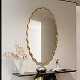 EVORALIS Elliptical Wavy Wall Mirror -30''×48'' Irregular Wall Mirror Decorative Aluminum Alloy Framed Mirrors Artistic Wavy Mirrors for Bathroom,Bedroom, Living Room, Cloakroom, Entryway（Gold）