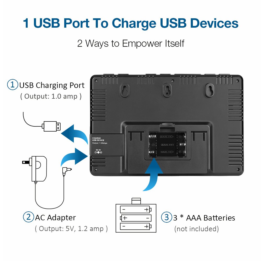 Wireless Weather Station, Houzetek S657 Indoor Outdoor Thermometer Color Home Alarm Clock with Temperature and Humidity Monitor, Large Display Digital Tabletop Hygrometer Outdoor Sensor, USB Port