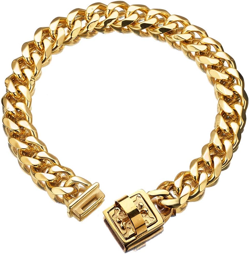 Abaxaca 19 mm Dog Collar 18K Gold Heavy Duty Stainless Steel Dog Luxury Training Collar Cuban Link with Durable Clasp Necklace Chain (22 inch(for 19.6"~21.5" Neck))