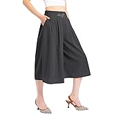 Lisskolo Women's Baggy Linen Wide Leg Palazzo Capris Pull On Embriodered Solid Summer Beach Cropped Culottes Pants Pocketed