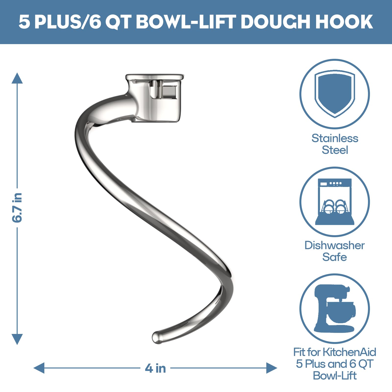 Stainless Steel Spiral Dough Hook for Kitchenaid 5Plus & 6QT Bowl-Lift Stand Mixers, Dough Hook for Kitchenaid Stand Mixer Dishwasher Safe, Efficient Kneading for Bread, Pizza, Pasta, Cookies