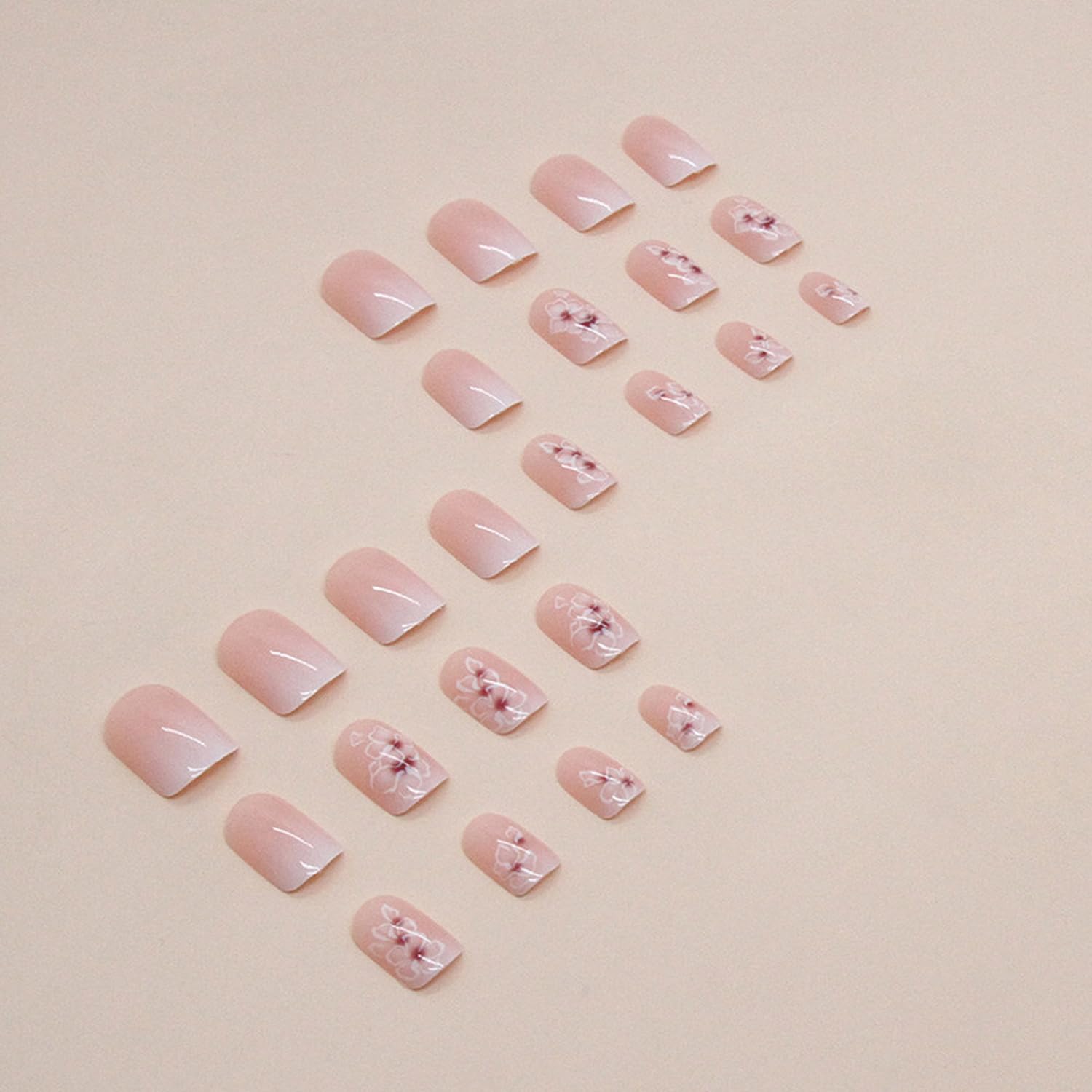 24pcs Press on Nails Short Square Fake Nails Petite White Pink Gradient False Nails Acrylic Nails with French Colorful Floral Designs Artificial Nails Glossy Stick on Nails for Women and Girls Summer - Image 3