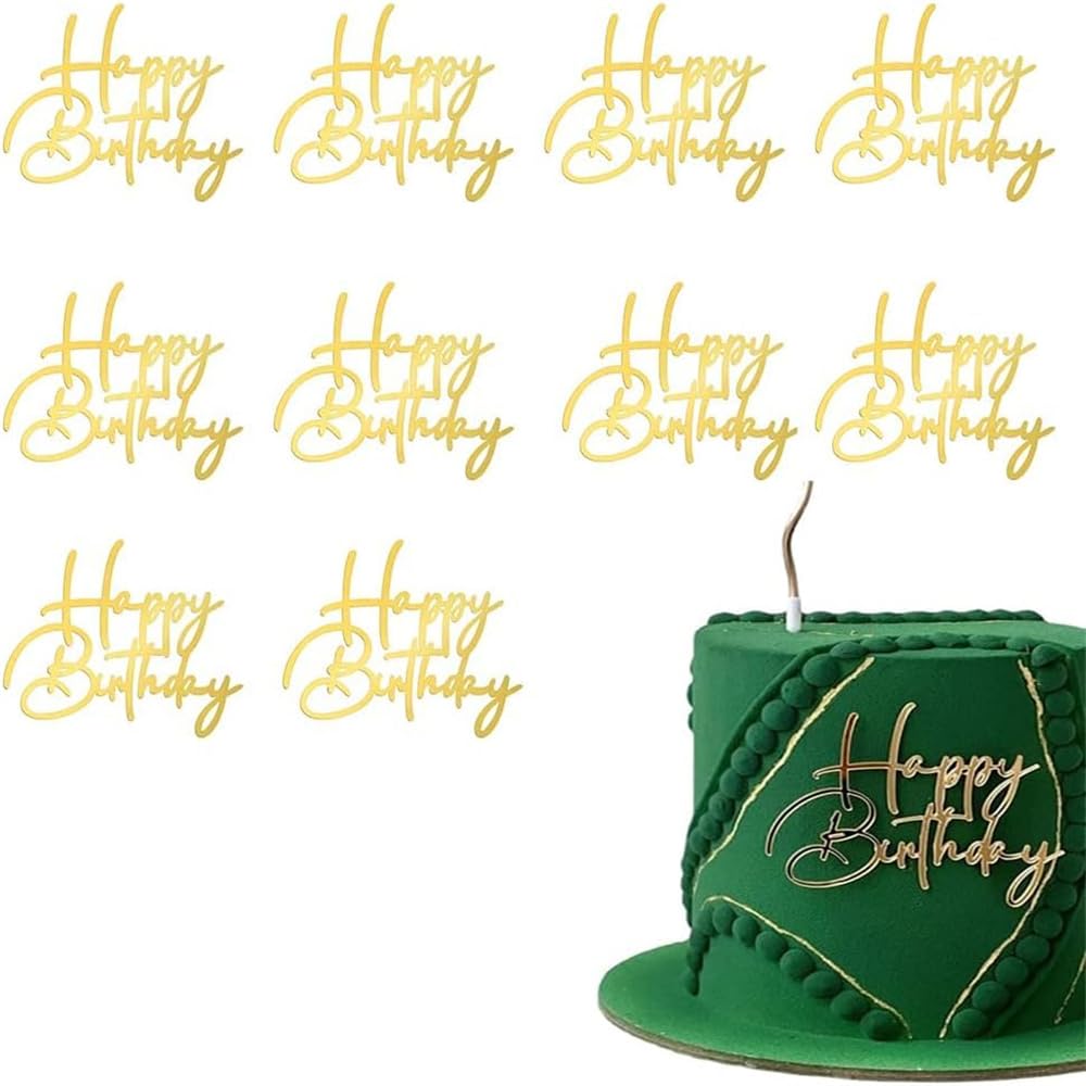 Photo 1 of 10pcs Side Happy Birthday Cake Topper Gold Acrylic Birthday Cupcake Topper for Kids Birthday Party Cake Decorations (I)