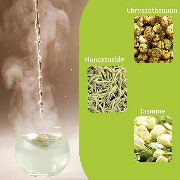 CHRYSANTHEMUM AND JASMINE TEA, 25 TEABAGS – NATURAL PURE NATURAL CHRYSANTHEMUM, JASMINE, AND HONEYSUCKLE TEA – NON-GMO – CAFFEINE-FREE – SUPPORT DIGESTION & BOOST IMMUNE SYSTEM. (1 PACK/25 BAGS, JIN JU JASMINE TEA)