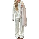 Seyurigaoka Women 2 Piece Floral Pajamas Lounge Set Y2K Long Sleeve Shirt Wide Leg Pants Sleepwear Pj Matching Sets