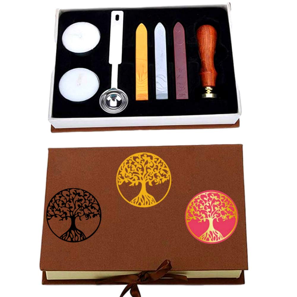 ANBOSE Tree of Life Seal Stamp Set - Wooden Handle Copper Seal, 3 Wax Sticks, Melting Spoon, 2 White Candles