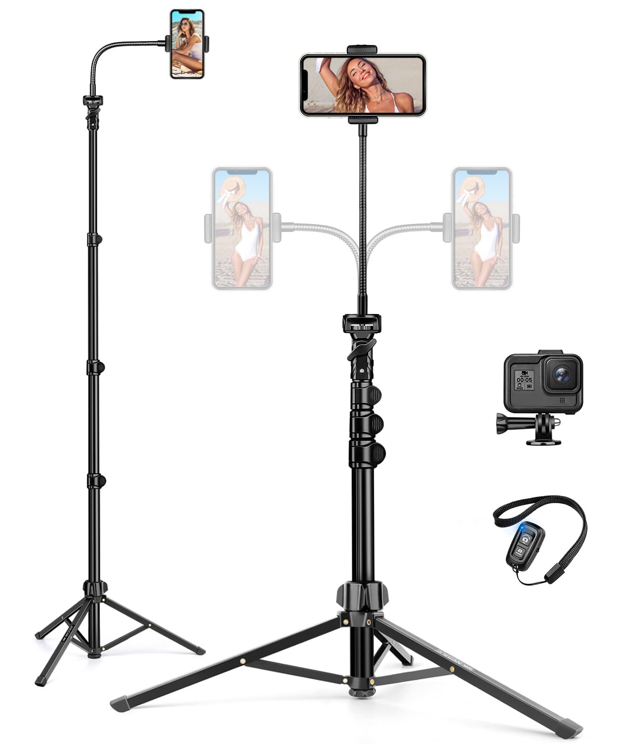 JOILCAN 68" Phone Tripod for Smartphone with Overhead Gooseneck & Remote Control, Aluminum Mobile Phone Tripod for iPhone 17/16/15, Selfie Stick Tripods for Action Camera 5/360/Pocket 3/Hero 13/12/11