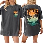 Hawaiian Beach Oversized Shirts for Women Beach Tropical Coconut Tree Graphic Tee Vintage Summer Short Sleeve Tops