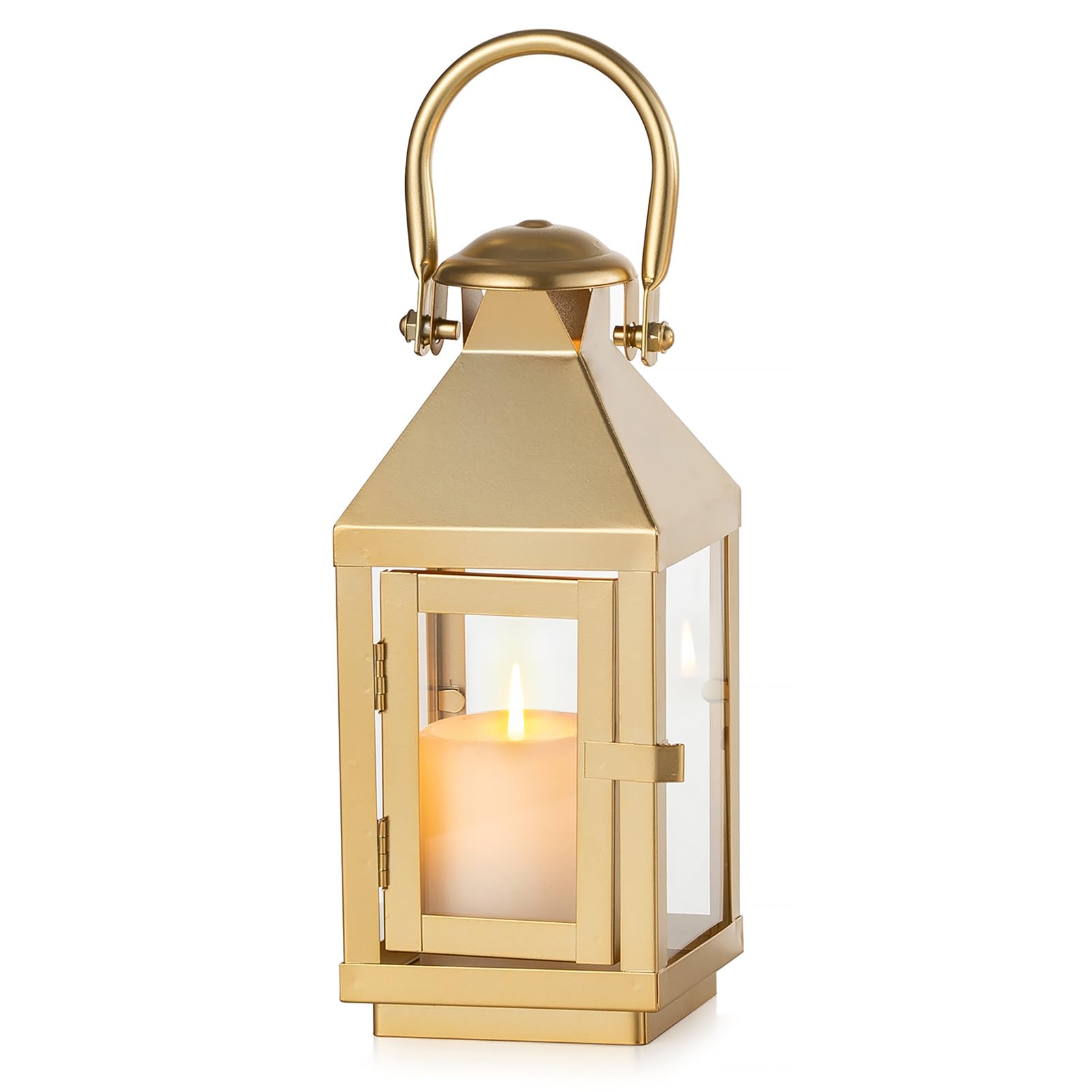 NUPTIO Gold Lanterns Decorative Indoor: 22cm Tall Metal Garden Lantern with Glass for Pillar Candle - Fireplace Decor for Christmas Home Living Room Mantle Porch Wedding Table