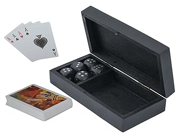 CRAFT ART INDIA Card|Box|Holder|with|Dice|and|Playing|Cards|Set|Wooden|Black|Size(Inch):1.75x6.5x3.25