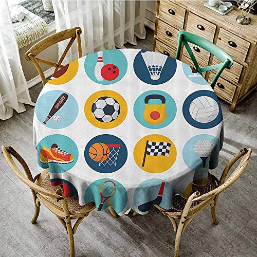 familytaste Kitchen Table Cover Sports Decor Collection,Sport Icons with Soccer Golf Table Tennis Balls Gloves Skate Shoes Sporty Image,Teal Blue Orange Red D 60" Tablecloths for Outdoor and Indoor