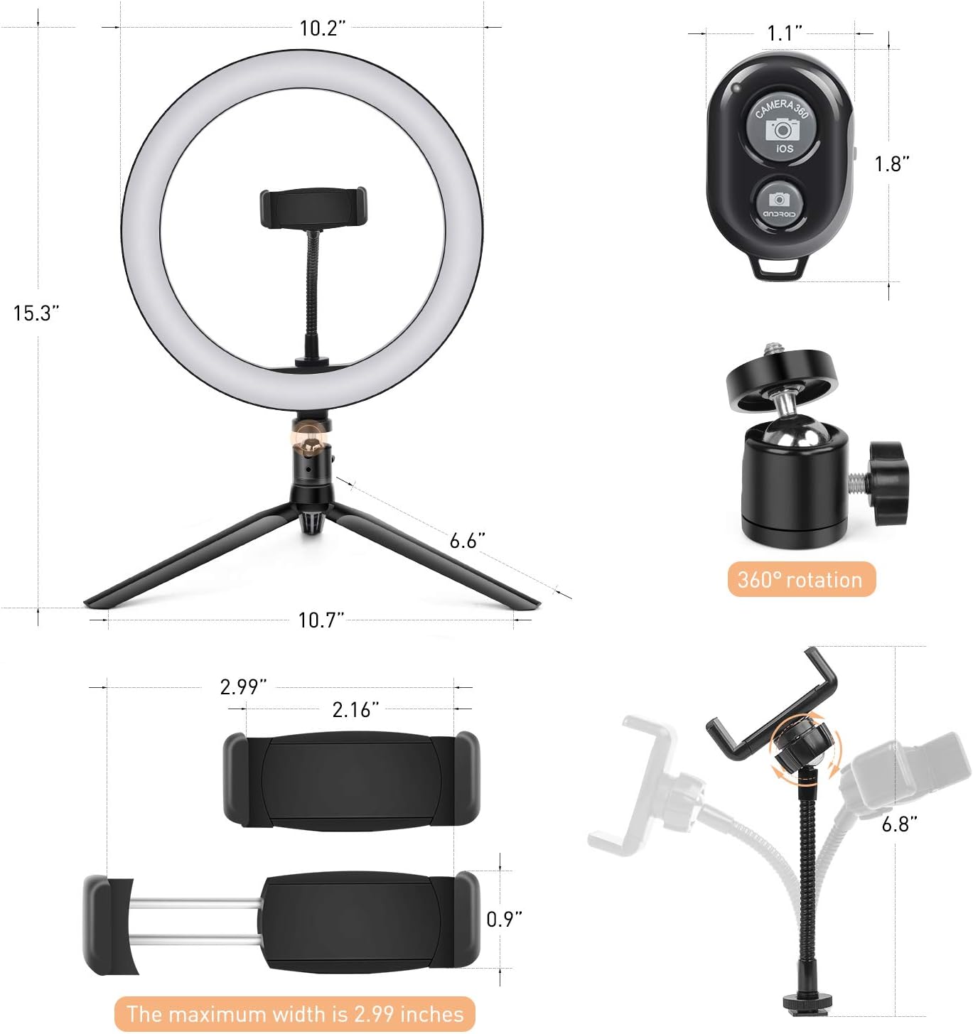 10” Ring Light LED Desktop Selfie Ring Light USB LED Desk Camera Ringlight 3 Colors Light with Tripod Stand iPhone Cell Phone Holder and Remote Control for Photography Makeup Live Streaming (Natural): Camera & Photo