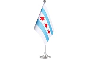 GentleGirl.USA Chicago State flag Chicago IL Flag, Small Mini Chicago State flag Desk Flag stick Office Table Flag on Stand Base,Festival Events Celebration decoration,Desk decoration,home decoration