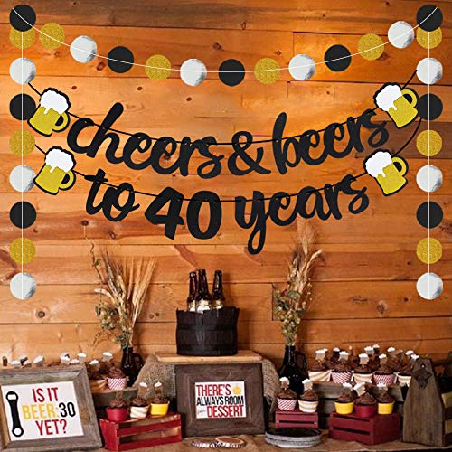 40-Years-Anniversary-Decorations-Cheers-Beers-to-40-Years-Banner-with-40th-Years-Old-Cake-Topper-Black-Glittery-Circle-Dots-Garland-for-40th-Birthday-Wedding-Party-Supplies-Decorations-PRESTRUNG