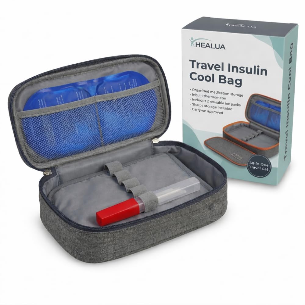 Travel Insulin Cool Bag by HEALUA- Diabetic Organizer Portable Medical Travel Cooler Case Pack with 2 X 48 Hour Extra Cool Reusable Ice Packs, Thermometer & Used Needle Pouch - Carry On Approved Size